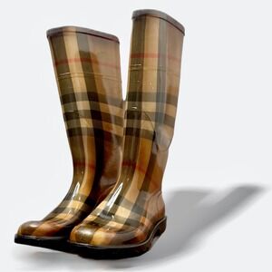 Burberry House Check Tall Rubber Rain Boots Nova Plaid Glossy 36 Italy US 5.5